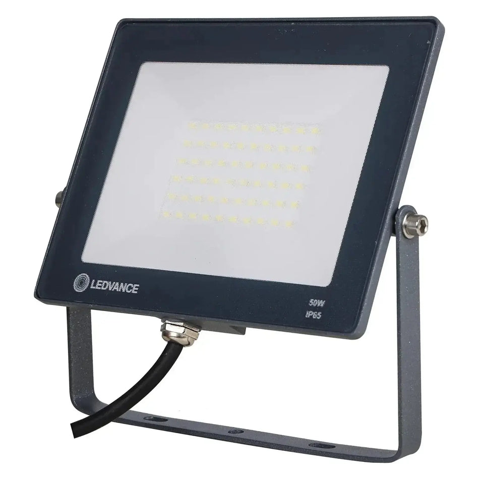 Ledvance LED Eco Lite Floodlight 50W G2 IP65 front view with mounting bracket and power cable UAE