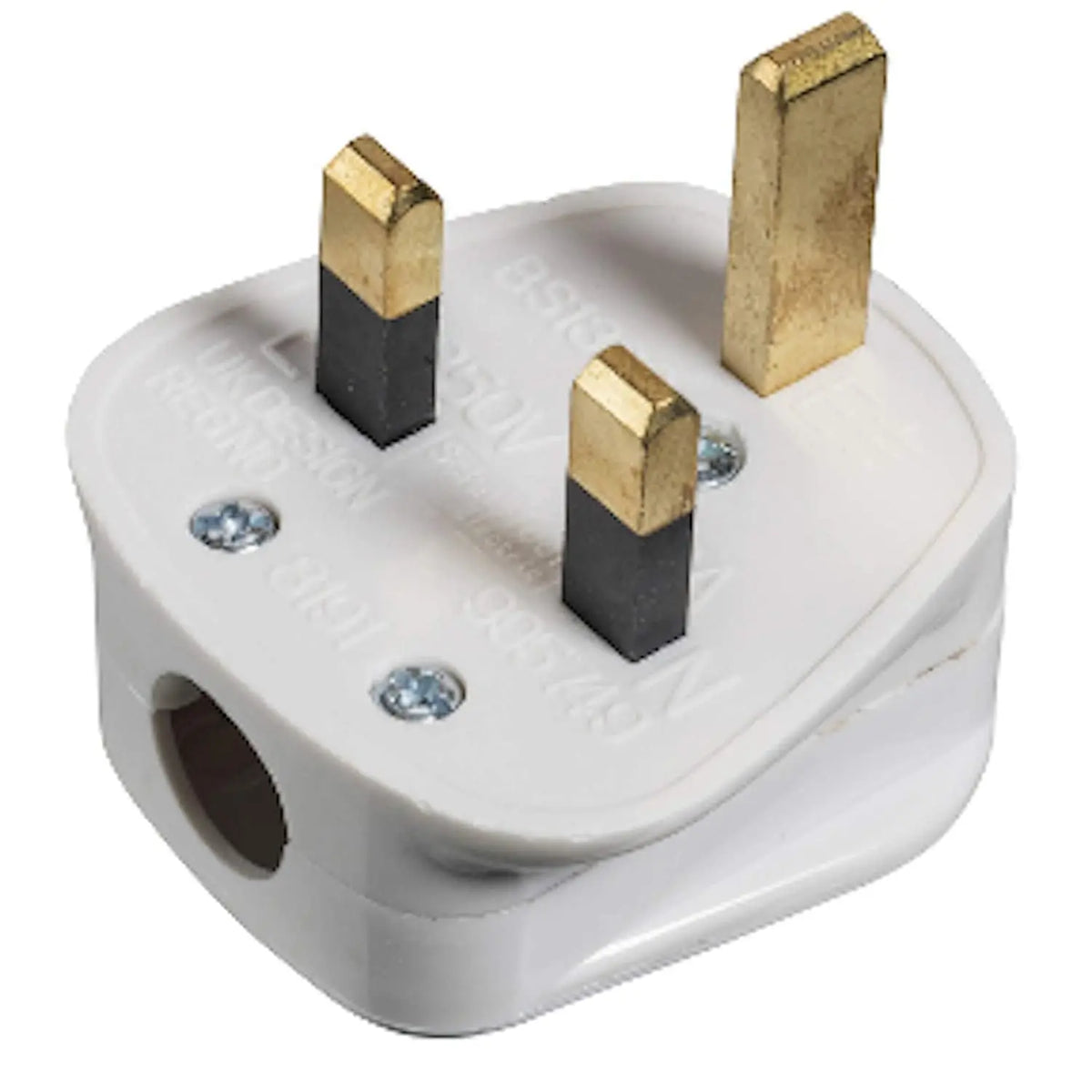 White 13A plug top pin view