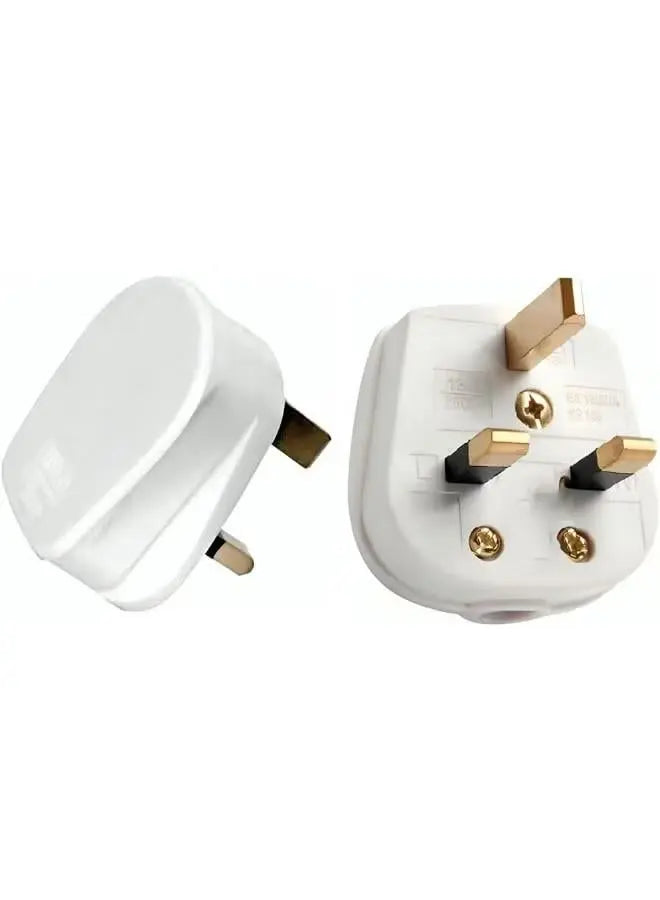 White 13A plug top front and pin views