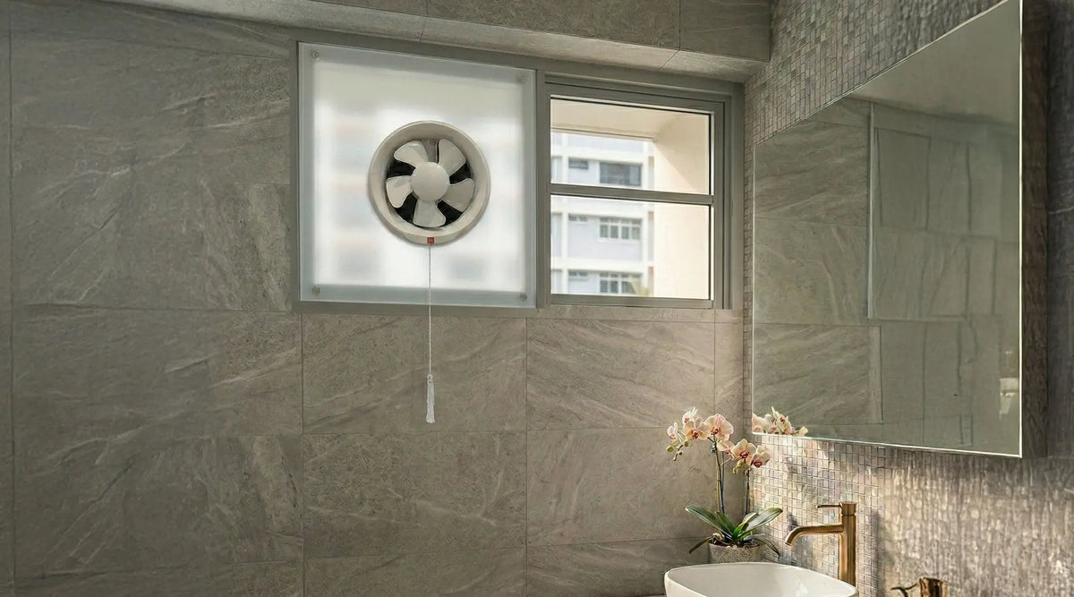 KDK 20WUD glass-mounted exhaust fan installed in bathroom, application photo