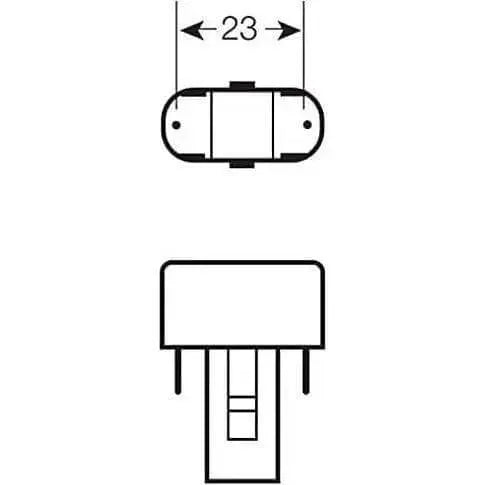 Osram 9W Dulux-S G23 2-pin compact fluorescent lamp with PL base; front and side diagram views. UAE