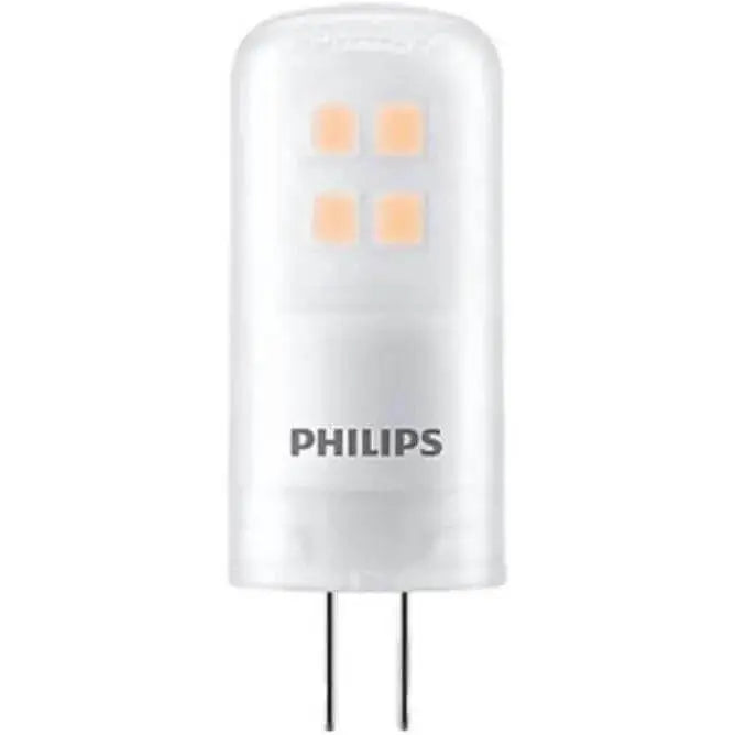 Philips CorePro LEDcapsule G4 2W 12V warm white (827), 20W equivalent capsule bulb with two-pin base, front view. UAE
