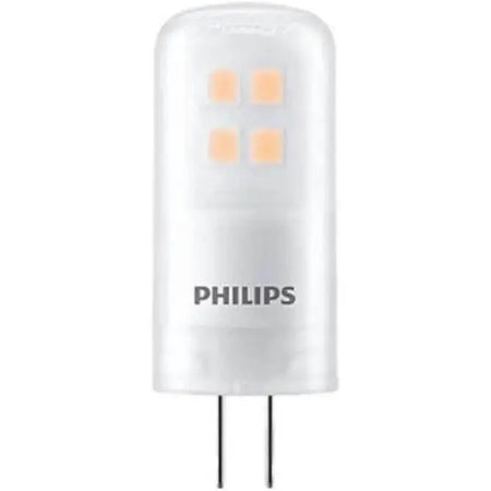Philips CorePro LEDcapsule G4 2W 12V warm white (827), 20W equivalent capsule bulb with two-pin base, front view. UAE