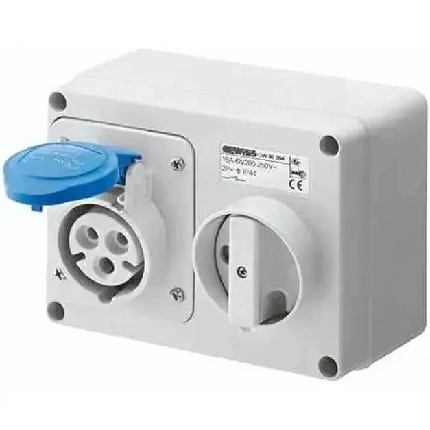 Deluxe Electricals Gewiss GW66004 2P+E interlocked socket, 16A blue wall outlet with protective cap UAE