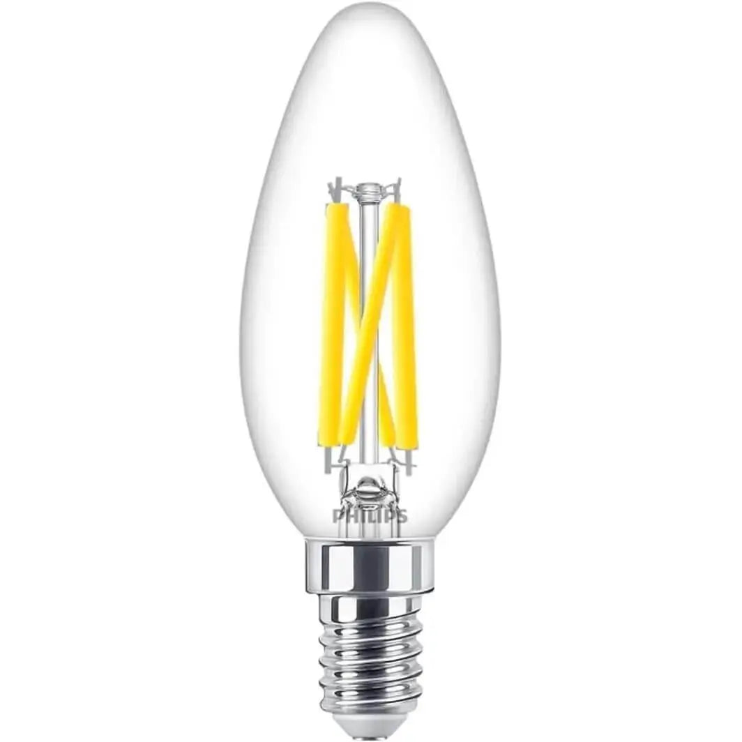 Philips MAS LEDCandle 3.4W E14 bulb, clear glass, 40W equivalent, 927 warm glow, B35 candle shape. UAE