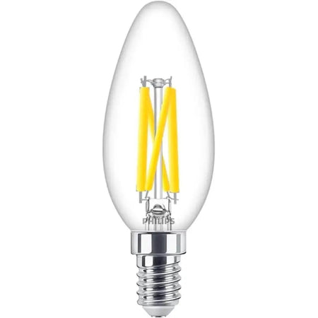 Philips MAS LEDCandle 3.4W E14 bulb, clear glass, 40W equivalent, 927 warm glow, B35 candle shape. UAE