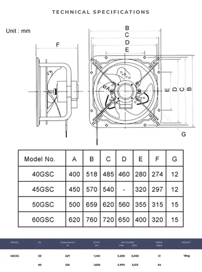 Deluxe Electricals KDK Exhaust Fan 45GSC, industrial high-pressure ventilation; front and side view with dimensions. UAE