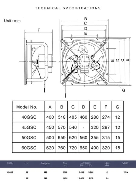 Deluxe Electricals KDK Exhaust Fan 45GSC, industrial high-pressure ventilation; front and side view with dimensions. UAE