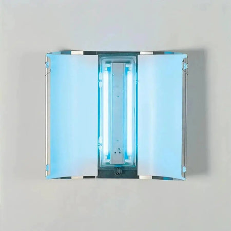 Mo-El Butterfly 700 insect killer, 40 W UV-A, front view with doors open and blue UV tubes visible. UAE