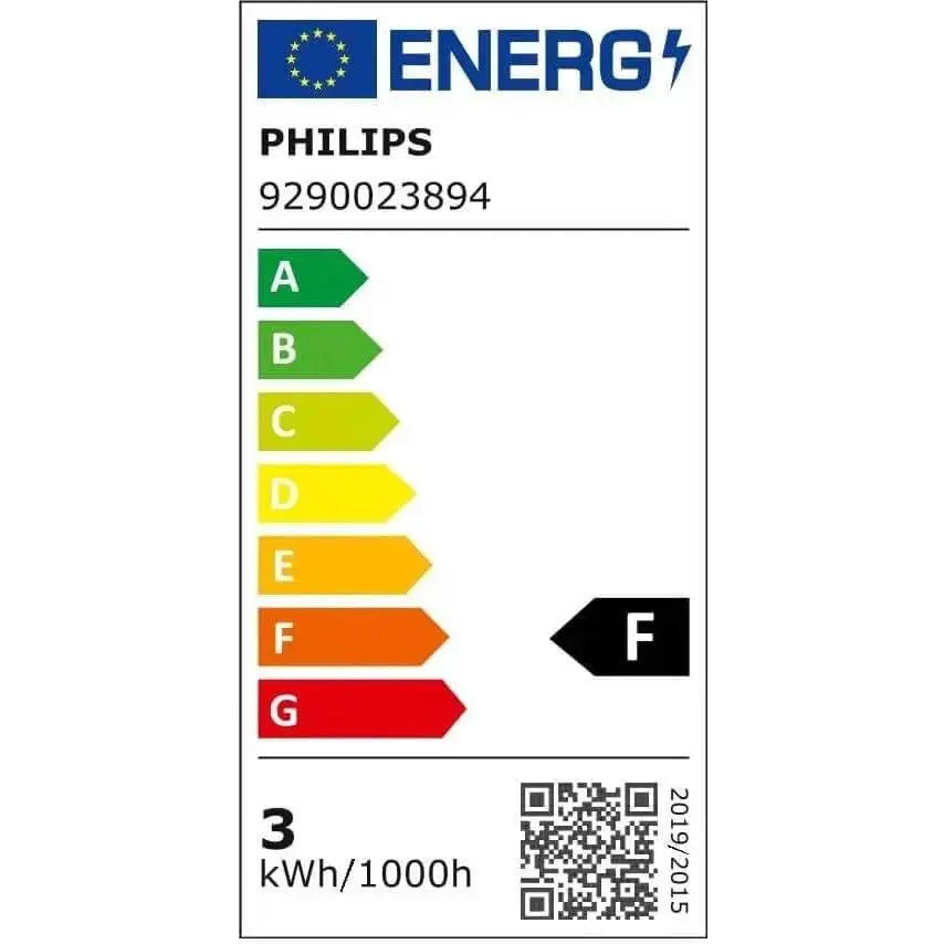 Philips CorePro LEDcapsule G4 2W energy label with grade F and 3 kWh/1000h; Philips logo and model 9290023894 UAE
