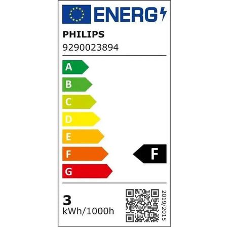 Philips CorePro LEDcapsule G4 2W energy label with grade F and 3 kWh/1000h; Philips logo and model 9290023894 UAE