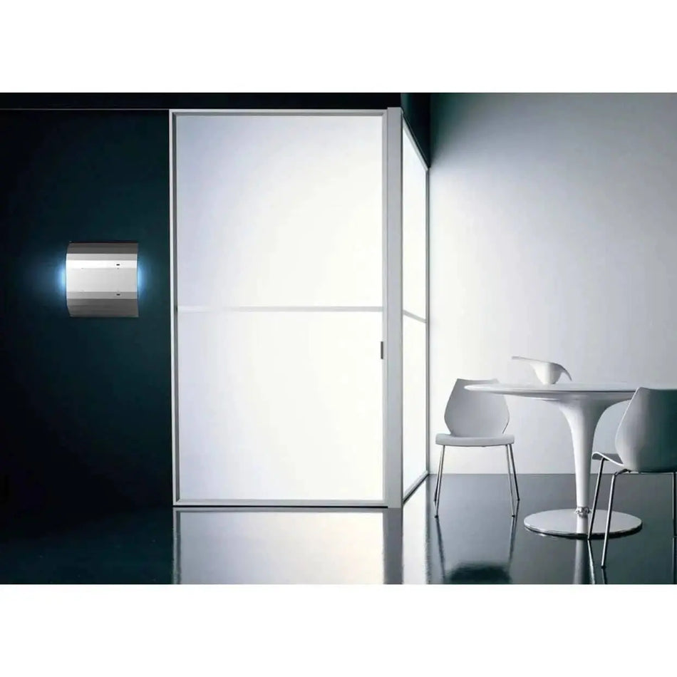 Mo-El Mo-Butterfly 700 insect killer mounted on dark wall; 40 W UV-A, HACCP; modern interior with glass partition. UAE