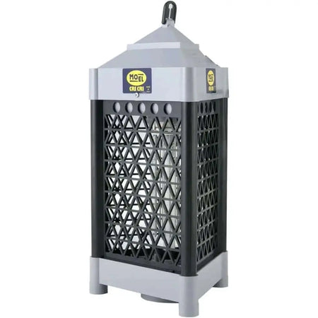 Mo-El Cri-Cri 301 insect killer, 20W UV-A bug zapper; front view shows gray top and base with black lattice cage. UAE