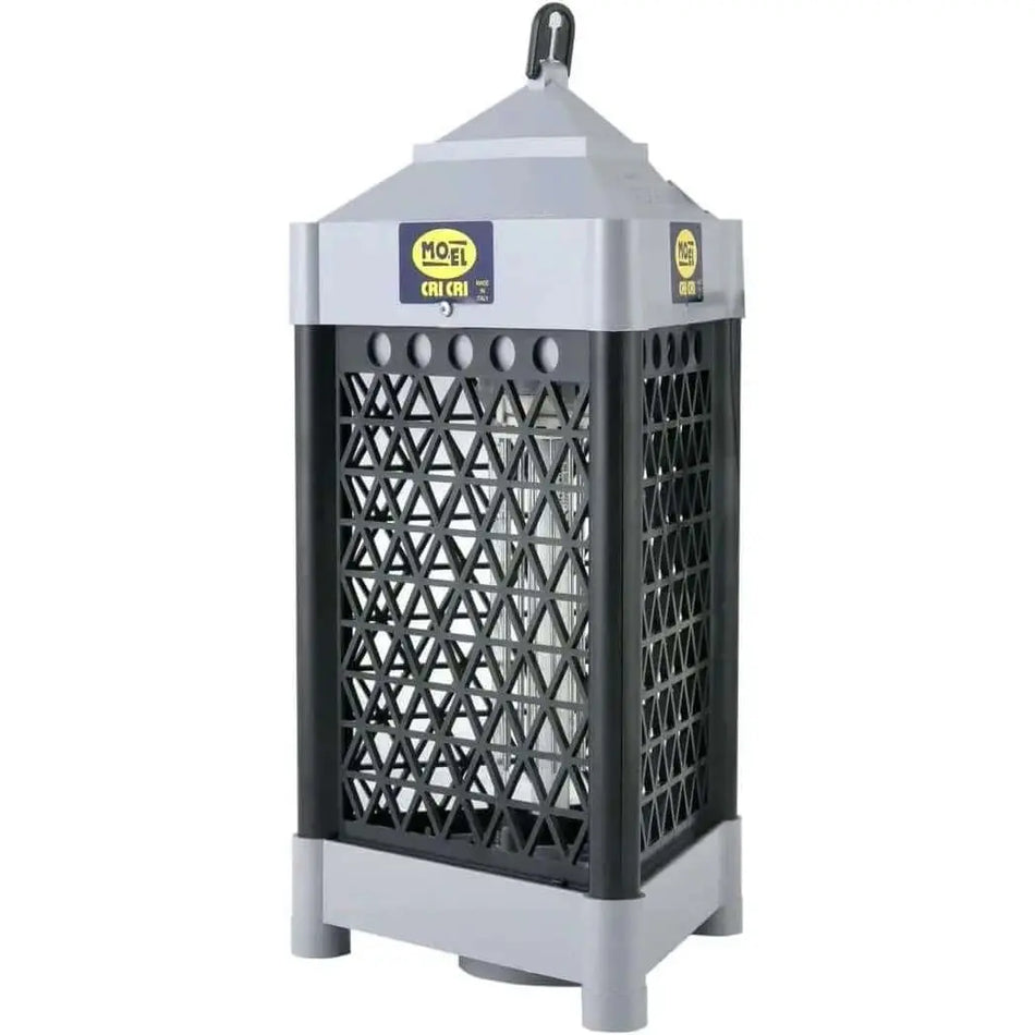 Mo-El Cri-Cri 301 insect killer, 20W UV-A bug zapper; front view shows gray top and base with black lattice cage. UAE