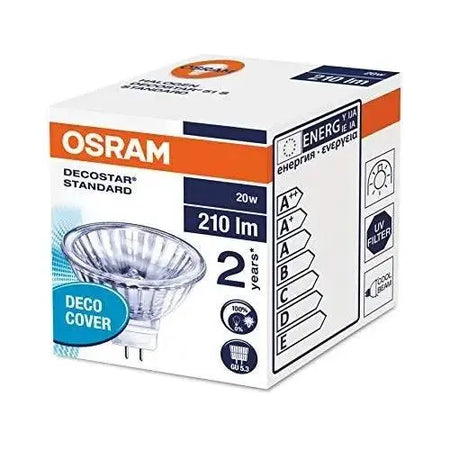 Osram Decostar MR16 halogen lamp in box, 12V 20W GU5.3, 36° beam, Osram branding visible. UAE