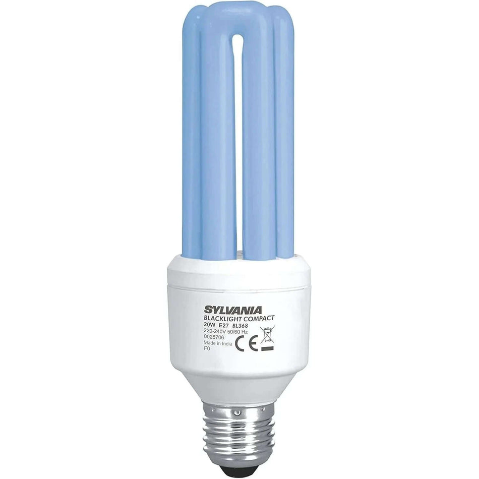 SYLVANIA 20W E27 BL368 UV blacklight bulb with blue fluorescent tubes, front view UAE