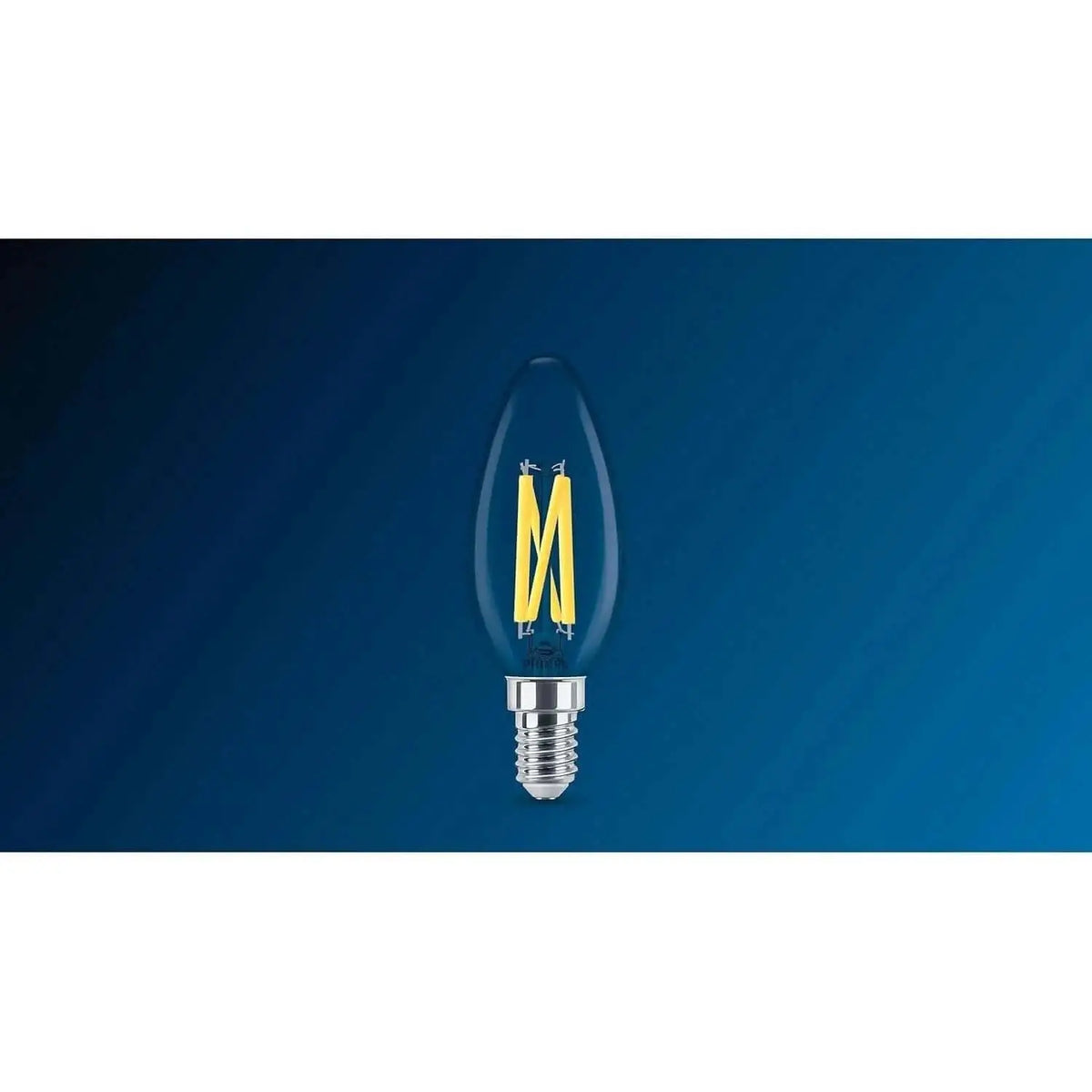 Philips MAS LEDCandle E14 bulb, 3.4W (40W eq), clear glass with warm-glow filament on blue background UAE