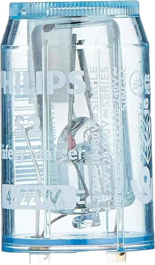 Philips Starter S2 4-22W 220-240V translucent blue starter, front view with visible label and internal contacts UAE