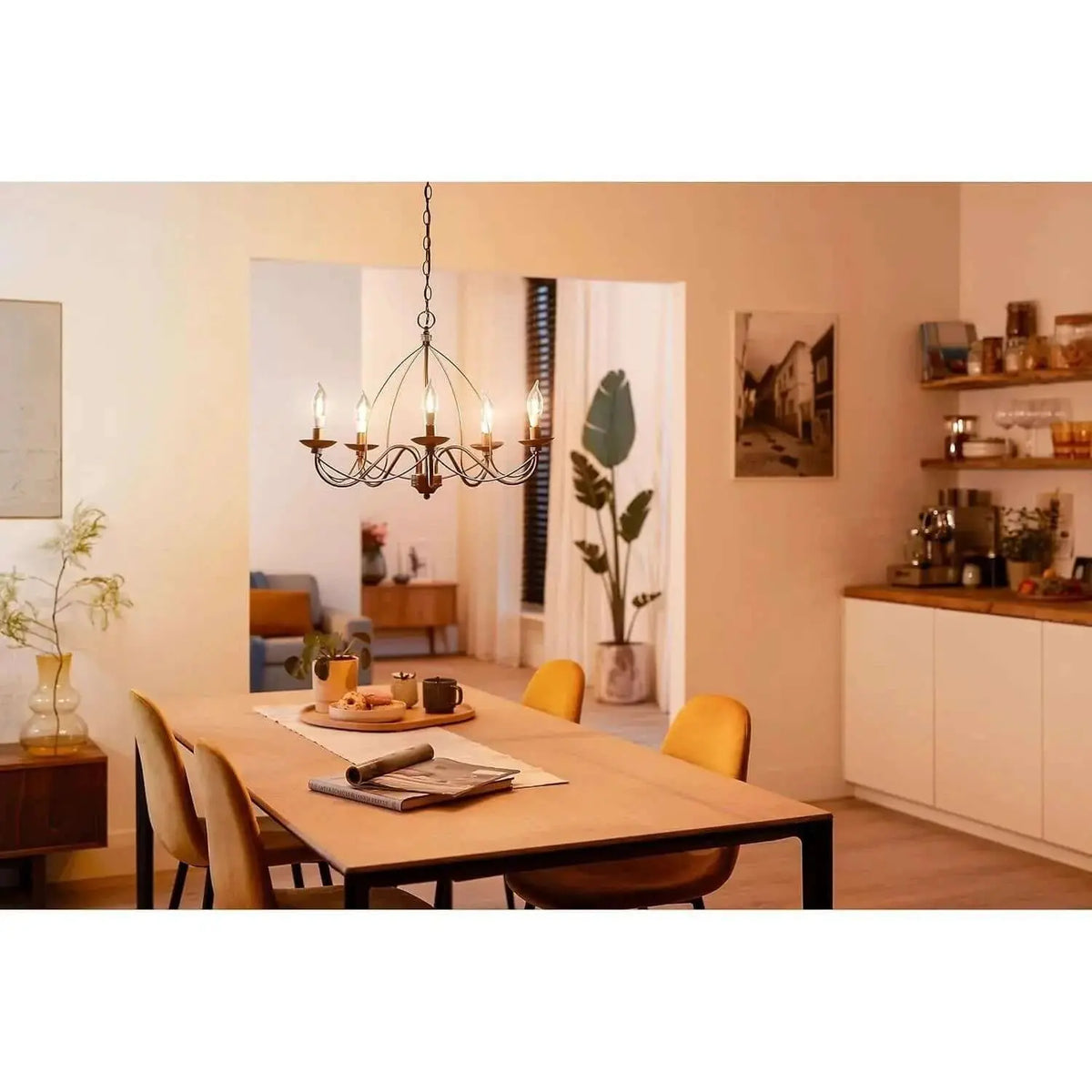 Philips MAS LEDCandle 3.4W E14 bulb, 927 Warm Glow, clear glass, chandelier lighting above dining table UAE