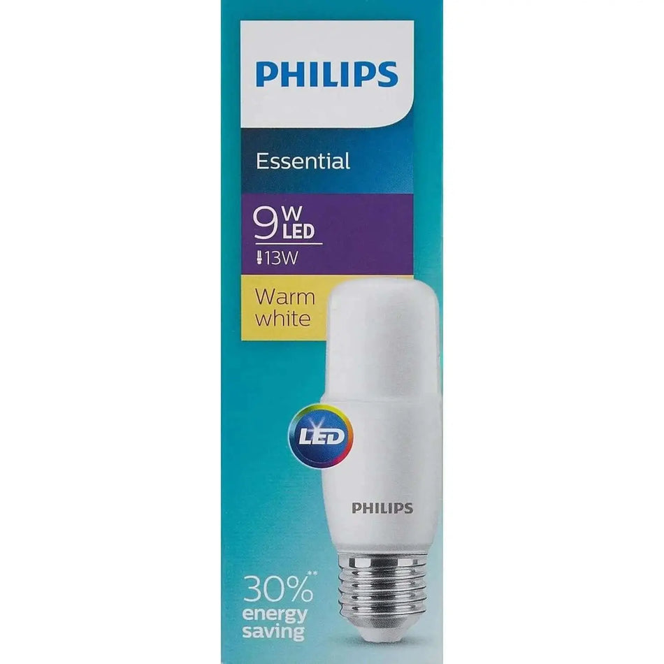 Philips Essential DL Stick LED Bulb in packaging; white E27 bulb, 9W, warm white 3000K. UAE