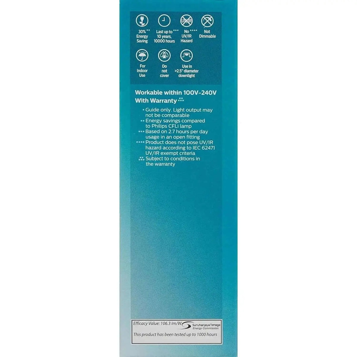 Philips Essential DL Stick LED Bulb, 9W E27, 3000K warm white packaging front view with icons. UAE