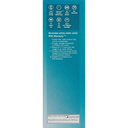 Philips Essential DL Stick LED Bulb, 9W E27, 3000K warm white packaging front view with icons. UAE