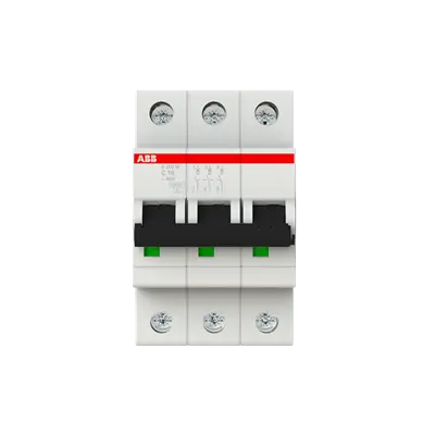 ABB S203M-C16 MCB, 3-pole 16A Type C 10kA, official ABB product photo, front view