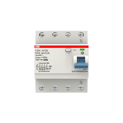 ABB ELCB/RCCB 100A 4P 30mA F204 residual current circuit breaker with blue test button and N terminals UAE