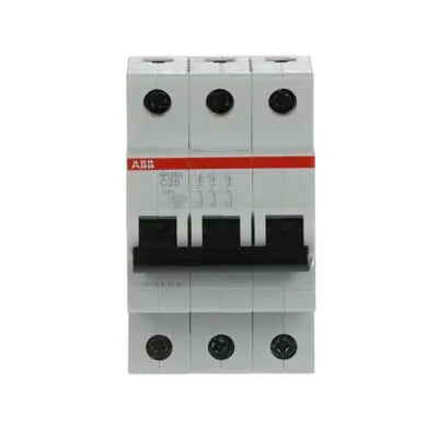 ABB SH203-C20 MCB, 3-pole 20A Type C 6kA, official ABB product photo, additional angle