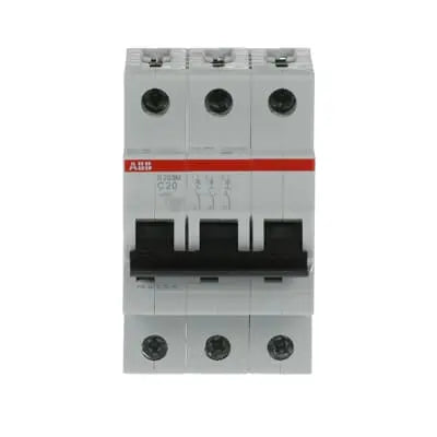 ABB S203M-C20 MCB, 3-pole 20A Type C 10kA, official ABB product photo, additional angle