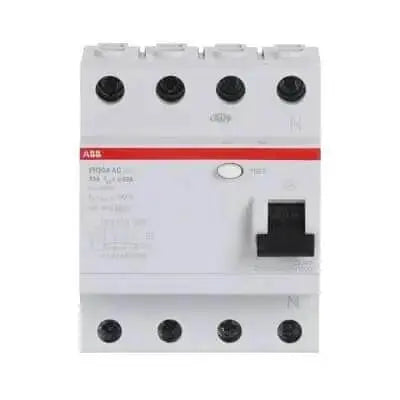 ABB FH204 RCCB AC-63/0.03, 63A 4-pole 30mA; white unit with red stripe and black toggle, front view UAE