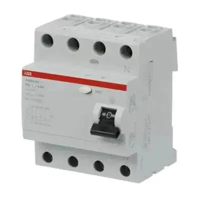 ABB FH204 RCCB 63A 4-pole, 30 mA residual current breaker, white housing with red ABB label, front view UAE