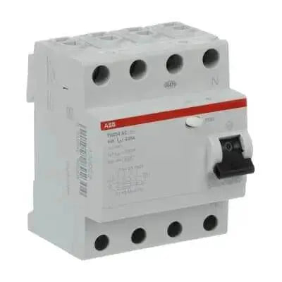 ABB FH204 RCCB 63A 4-pole 30mA residual current circuit breaker, white body with red ABB label and black toggle UAE