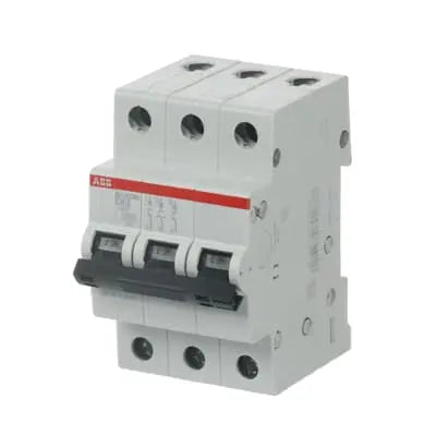 ABB SH203M-C63 MCB, 3-pole 63A Type C 10kA, official ABB product photo, angled view
