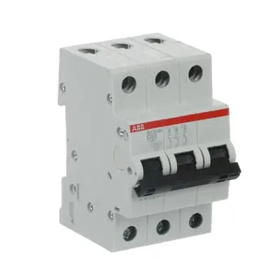 ABB SH203M-C63 MCB, 3-pole 63A Type C 10kA, official ABB product photo, side view