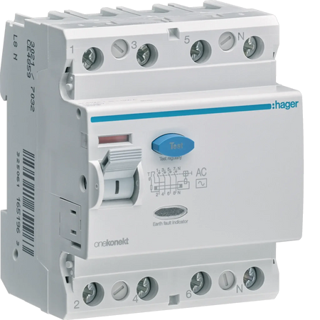 Hager RCCB (ELCB) CD485Z 100A 4P 30mA residual current circuit breaker, front view with blue Test button. UAE