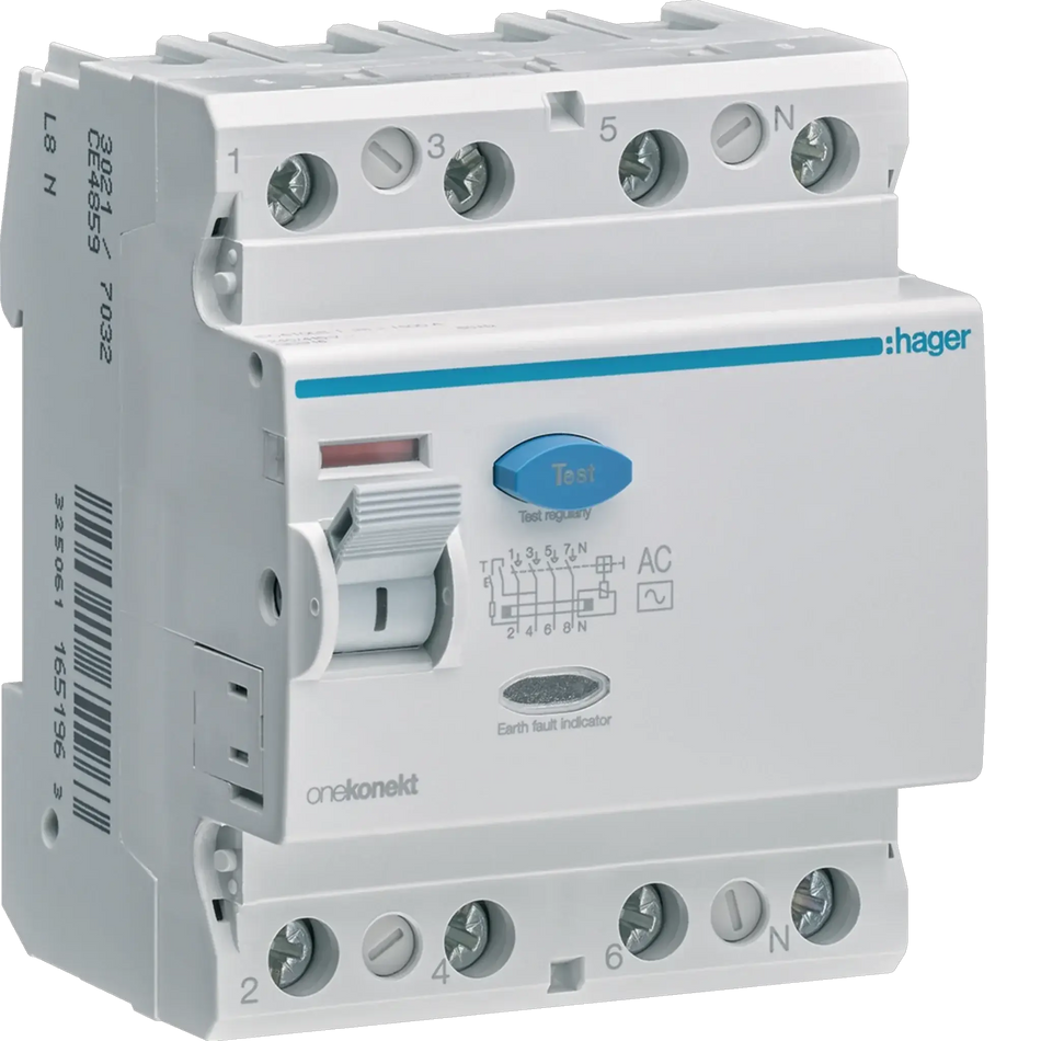 Hager RCCB (ELCB) CD485Z 100A 4P 30mA residual current circuit breaker, front view with blue Test button. UAE