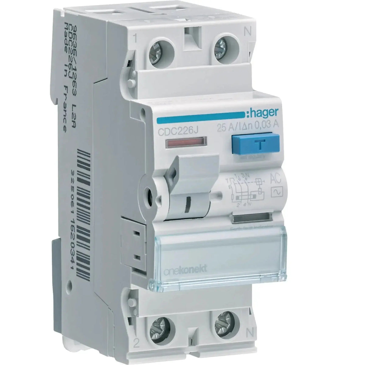 Hager Onekonekt RCCB CDC226J, 25A 2P 30mA front view with blue test button and N terminals UAE