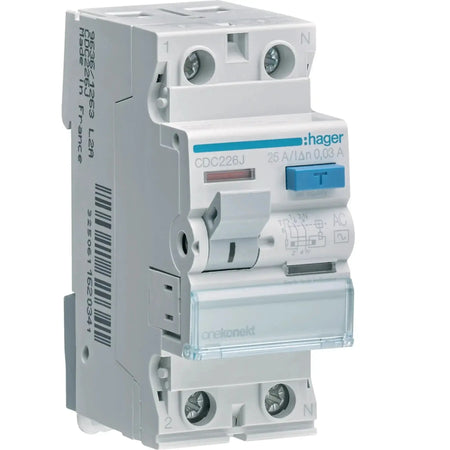 Hager Onekonekt RCCB CDC226J, 25A 2P 30mA front view with blue test button and N terminals UAE