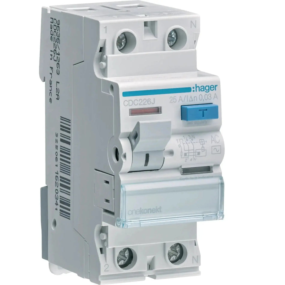 Hager Onekonekt RCCB CDC226J, 25A 2P 30mA front view with blue test button and N terminals UAE
