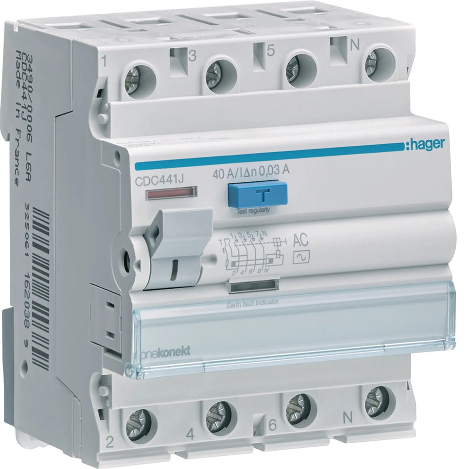 Hager CDC441J 4-pole 40A 30mA Type AC RCCB (ELCB) — official Hager product photo