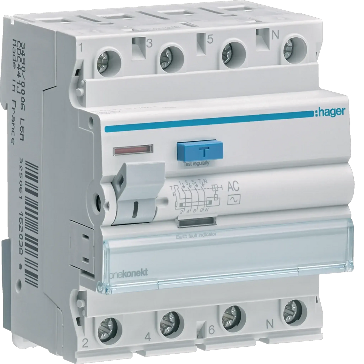 Hager CDC464J RCCB 63A 4P 30mA, white four-pole residual current circuit breaker with blue test button. UAE