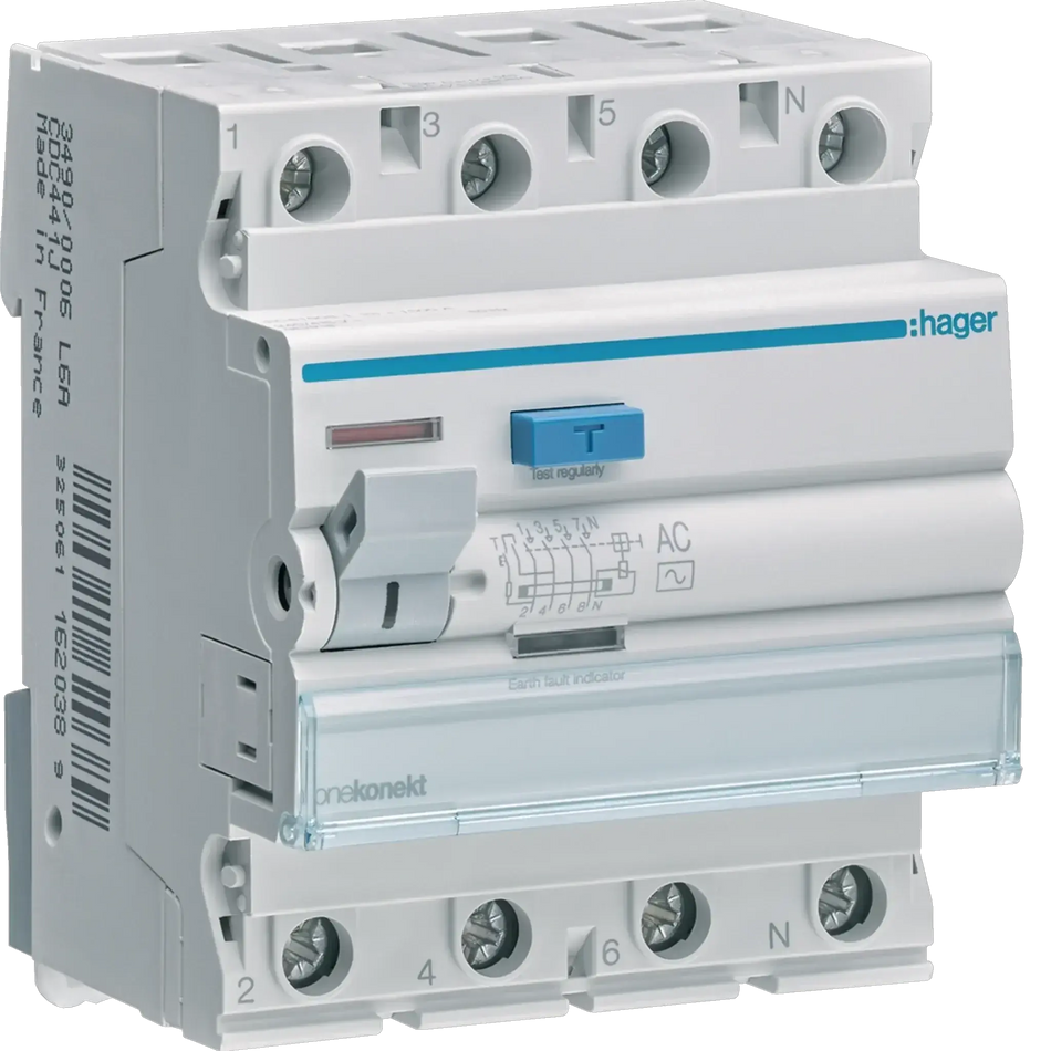 Hager CDC464J RCCB 63A 4P 30mA, white four-pole residual current circuit breaker with blue test button. UAE