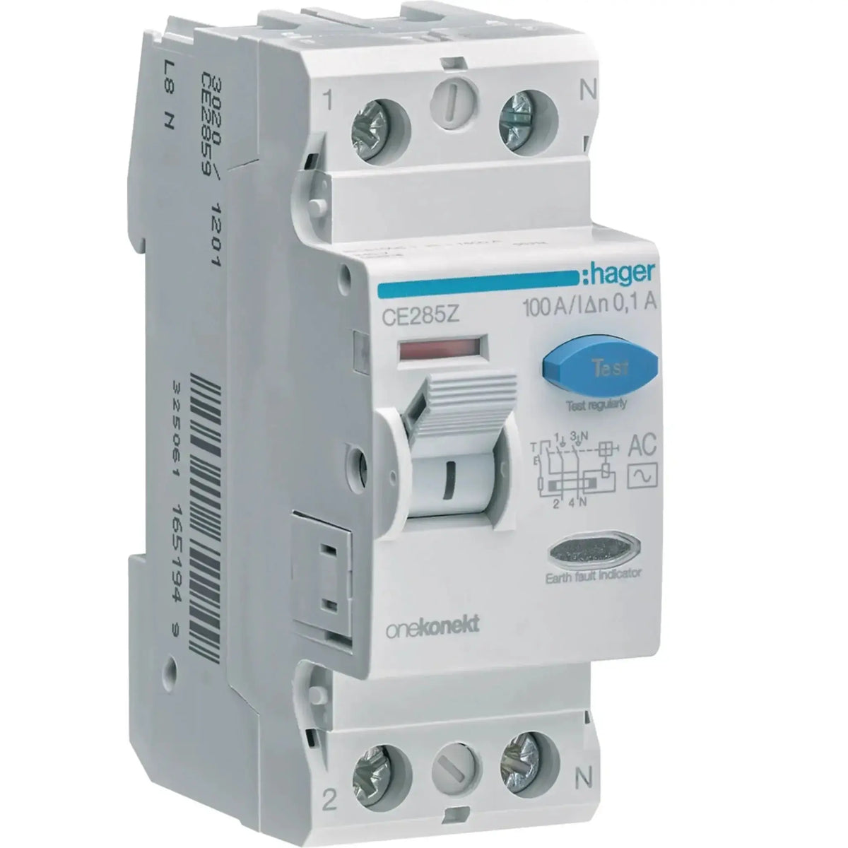 Hager CE285Z RCCB 100A 2P 100mA residual current circuit breaker with blue Test button, front view. UAE