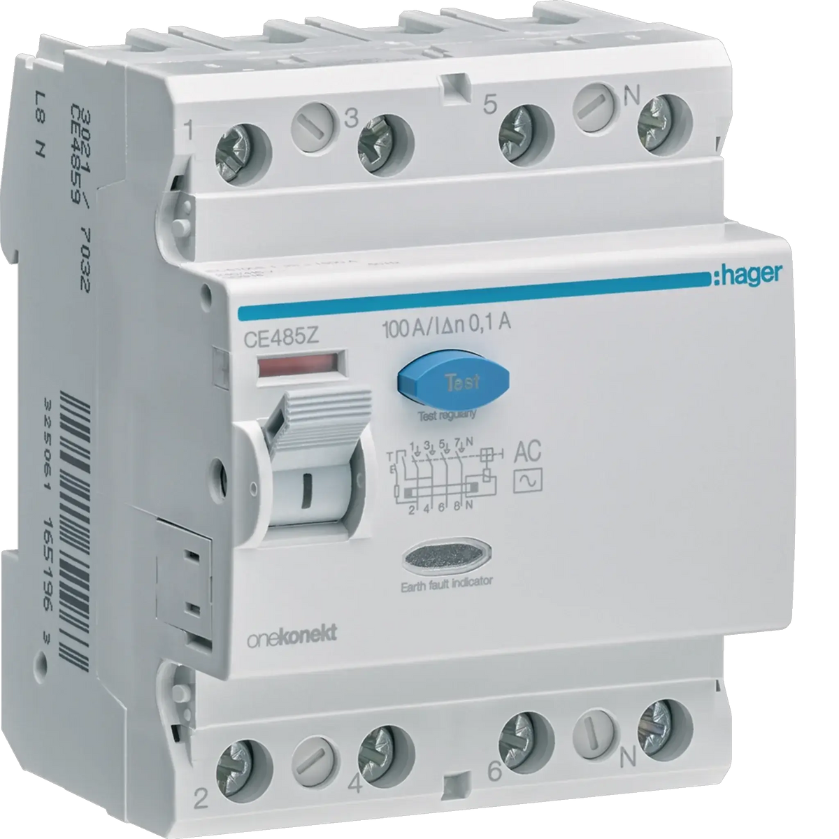 Hager RCCB (ELCB) 4P 100A, 100 mA CE485Z front view with blue Test button UAE