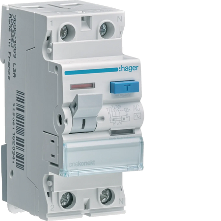 Hager RCCB (ELCB) 40A 2P 100mA CEC241J front view of a white RCCB module with blue test button UAE
