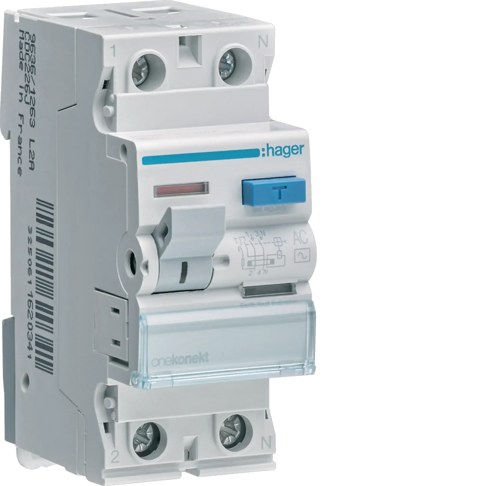 Hager RCCB (ELCB) 40A 2P 100mA CEC241J front view of a white RCCB module with blue test button UAE