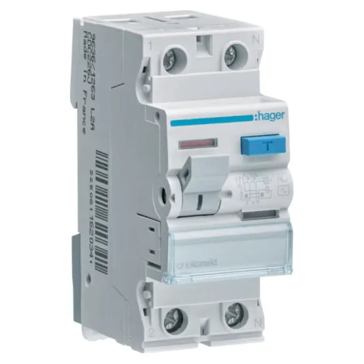 Hager RCCB CEC264J, 63A 2-pole 100mA ELCB, white modular breaker with blue test button, front view UAE