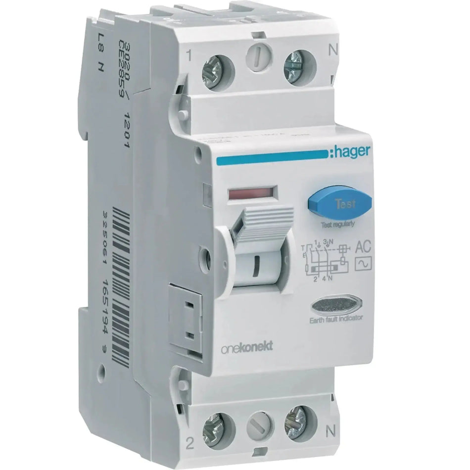 Hager CF285Z RCCB (ELCB) 100A 2P 300mA, white with blue Test button, front view. UAE