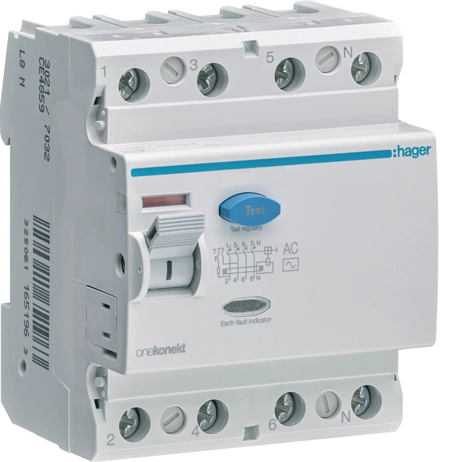 Hager CF485Z 4-pole 100A 300mA Type AC RCCB (ELCB) — official Hager product photo